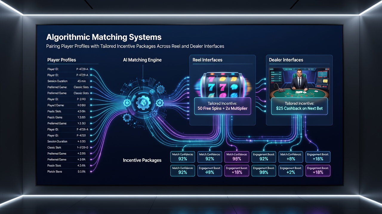 Visual representation of algorithmic systems matching player profiles to incentives on reel and dealer casino interfaces