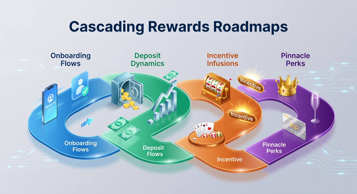Visual representation of a cascading rewards pathway in mobile slot and live dealer apps, showing layered incentives from signup to elite perks