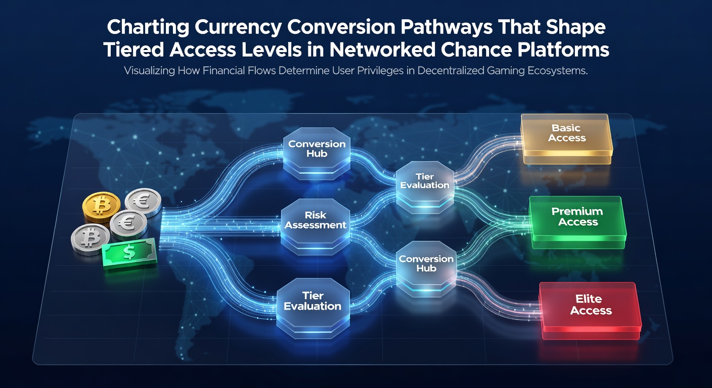 Diagram showing currency conversion flows between player accounts and networked chance platform servers with tier indicators