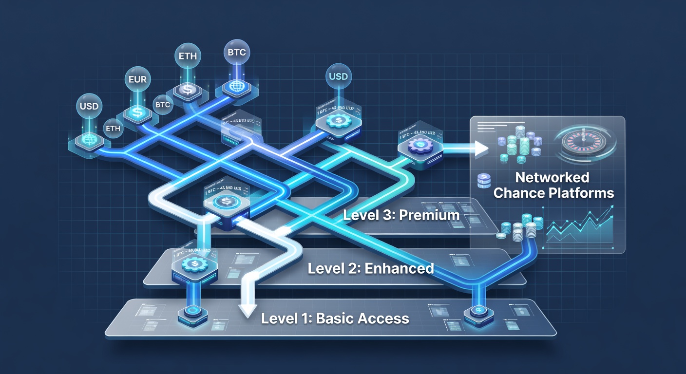 Illustration of tier progression bars overlaid on a world map with currency symbols and conversion arrows