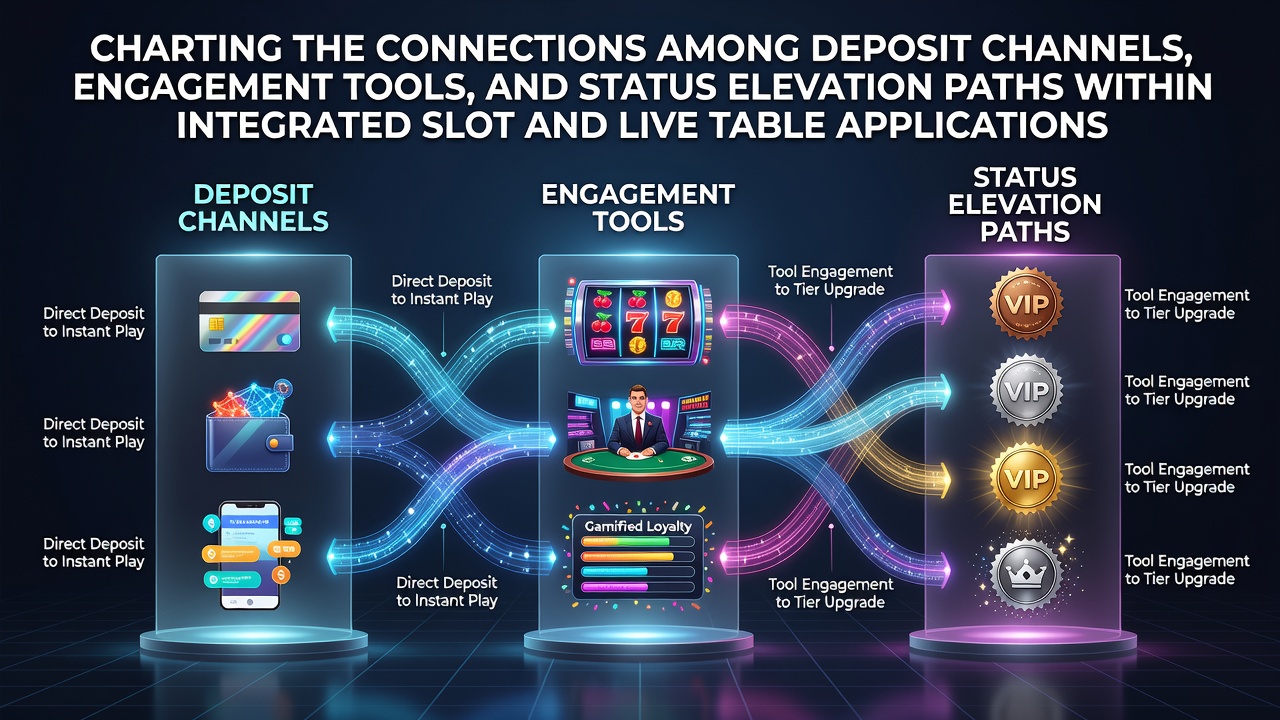 Integrated dashboard displaying deposit options linking to bonus tools and loyalty tiers in slot and live table apps