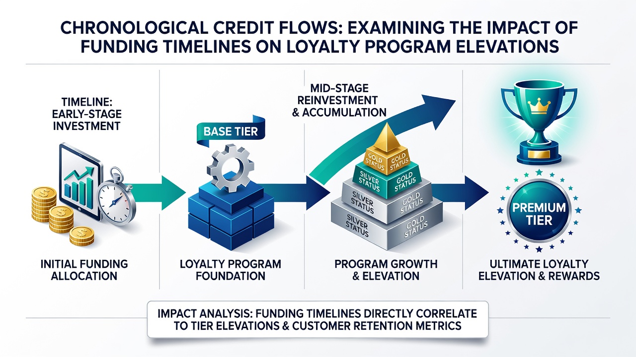 Visual representation of loyalty program elevation pathways influenced by funding sequence timing