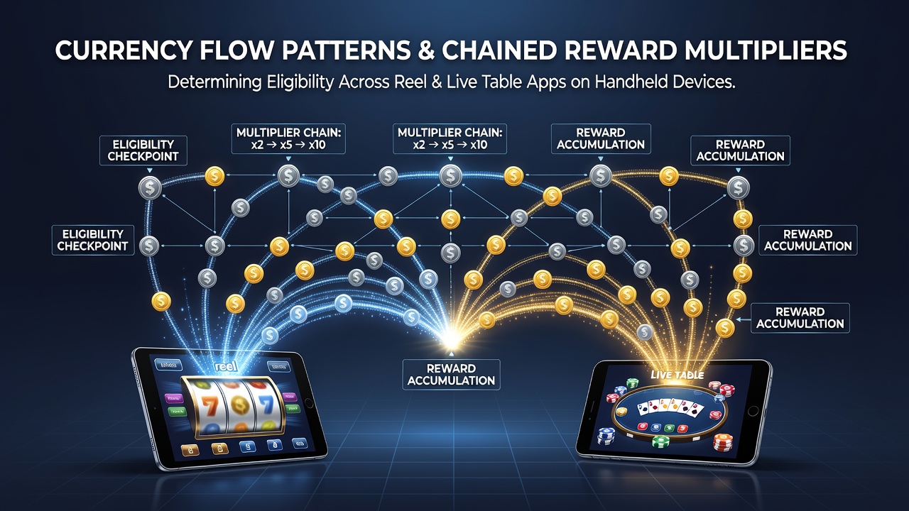 Diagram illustrating currency flows from deposits through reel spins and live tables on mobile devices with multiplier chains