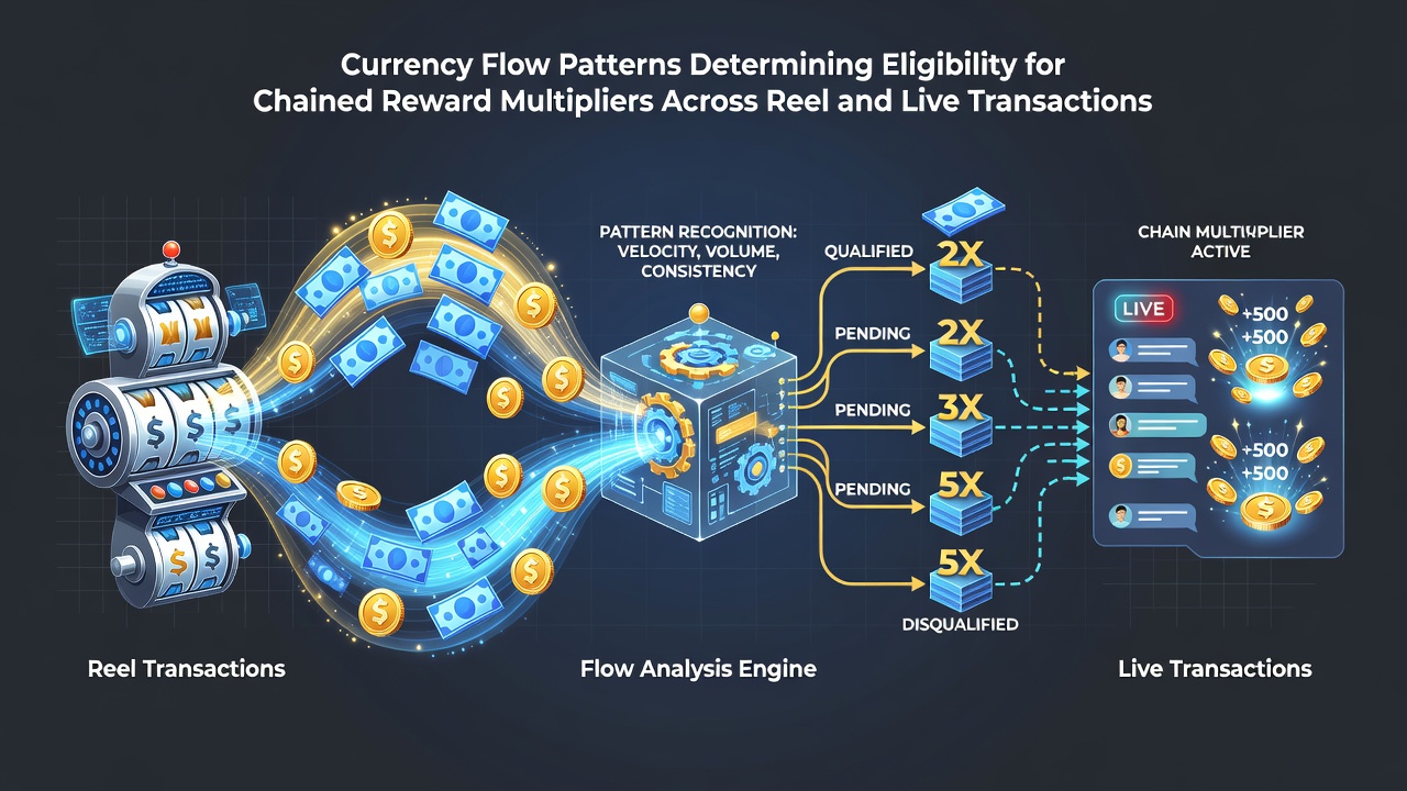 Mobile device screen showing chained multiplier progression linking slot reels to live dealer tables via currency flow tracking