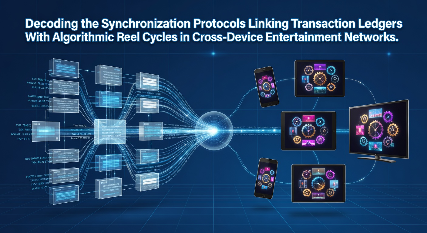 Technical diagram showing transaction ledger synchronization with algorithmic reel cycles across mobile and desktop devices in entertainment networks