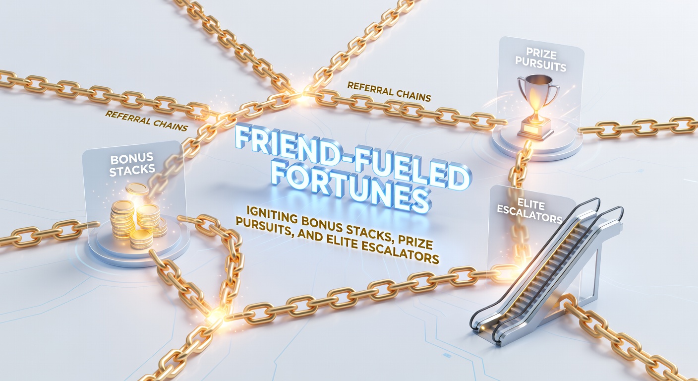 A vibrant network of friends connected by glowing referral chains, stacking bonus icons and climbing toward elite VIP ladders in an online casino interface
