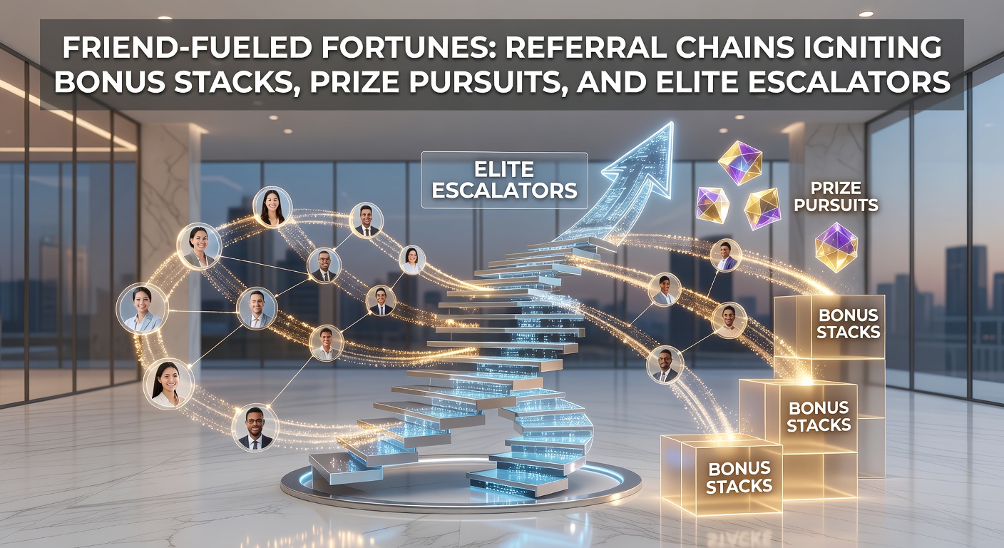Dynamic visualization of bonus stacks building from referral chains, with prize icons and VIP escalator paths lighting up on a mobile screen