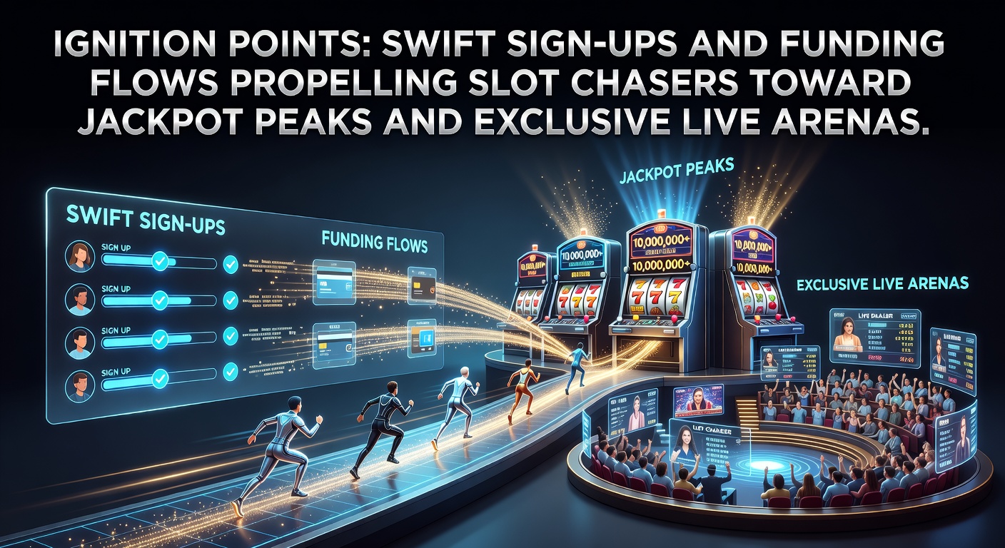 Vibrant slot reels igniting with fast sign-up icons and cascading jackpot coins leading to live dealer arenas