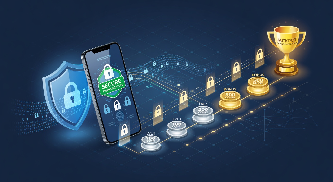 Mobile casino interface showing secure transaction icons alongside reward progress bars and VIP tier indicators