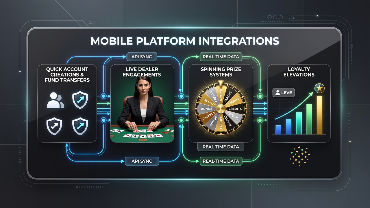 Mobile platform dashboard showing integrated live dealer tables alongside spinning prize wheels after instant registration and deposit
