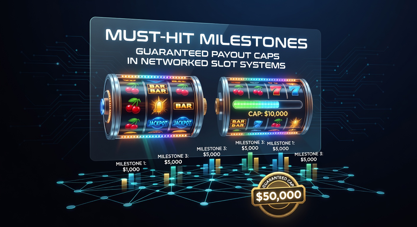 Digital display of a networked slot machine showing a rising must-hit-by jackpot meter approaching its cap, wth casino lights in the background