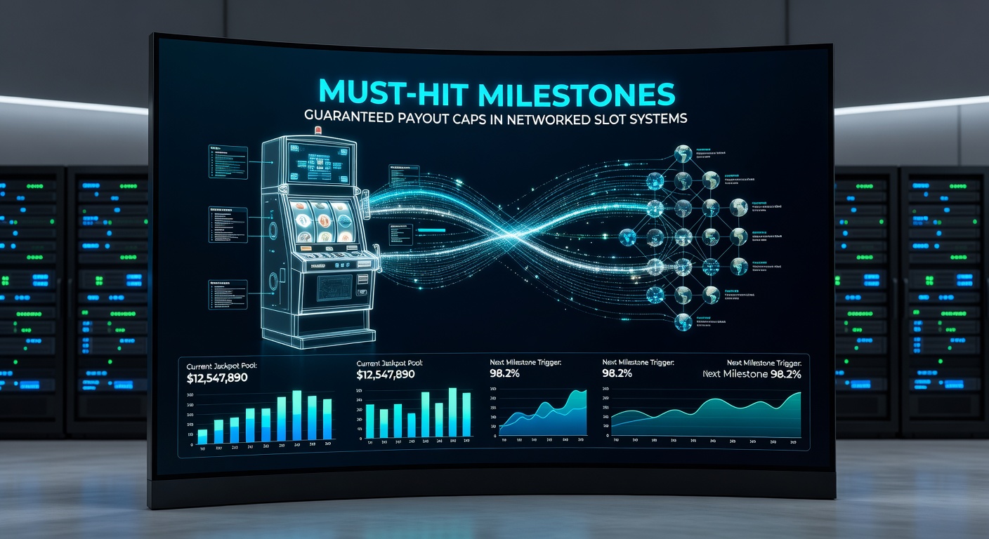 Close-up of a slot screen displaying a must-hit-by progressive meter at 95% toward its $25,000 cap, surrounded by animated jackpot symbols and player high-fives in a bustling casino