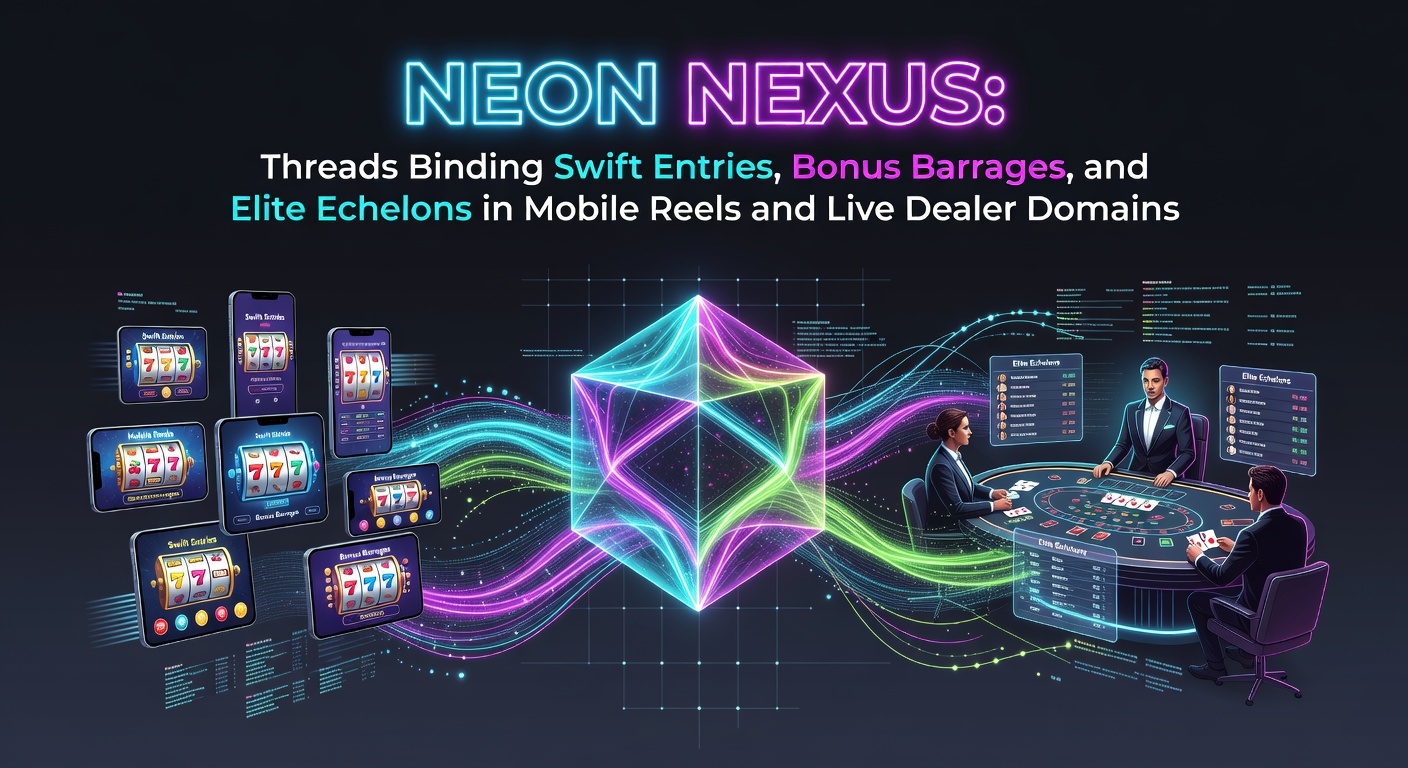 Vibrant neon-lit mobile screen displaying interconnected slot reels and live dealer tables with bonus icons and VIP ladders glowing in the background