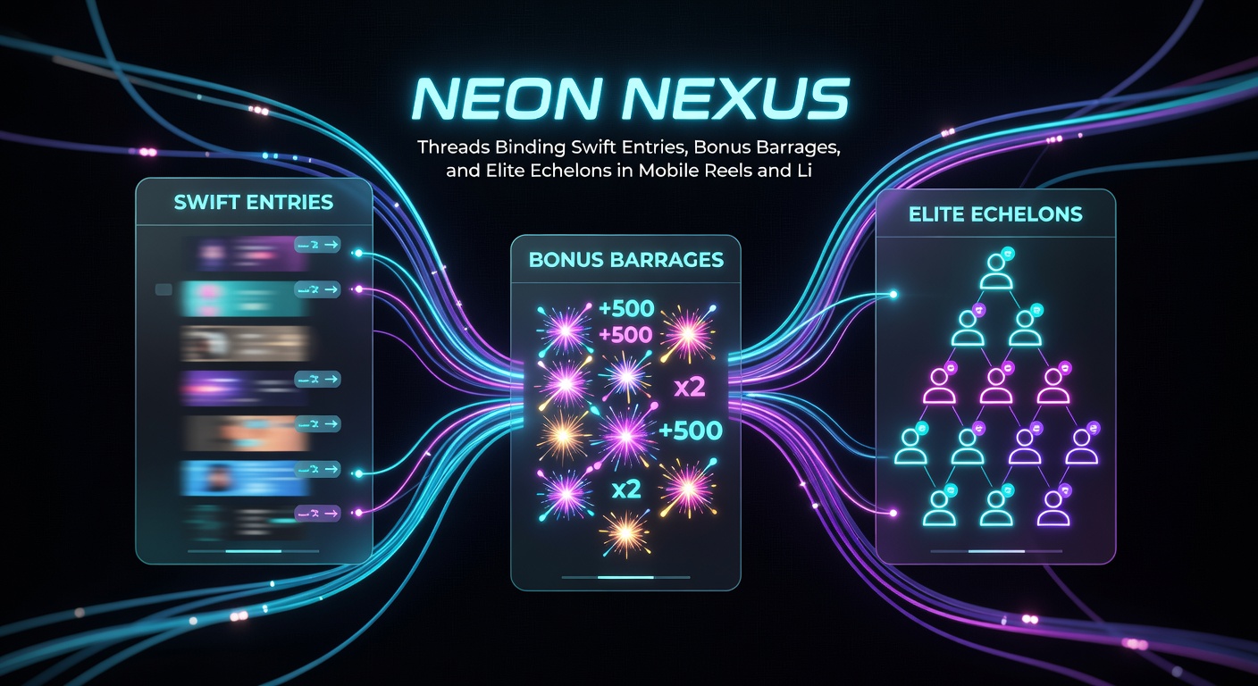 Dynamic collage of bonus explosions on mobile slots transitioning to live dealer roulette wheels with VIP badges emerging in neon hues