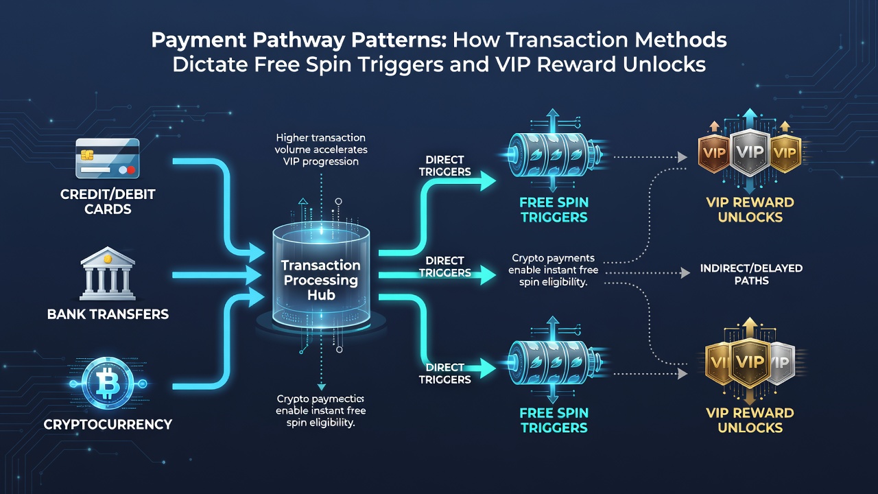 Infographic illustrating how different transaction methods connect to VIP reward tiers and free spin activation in casino platforms