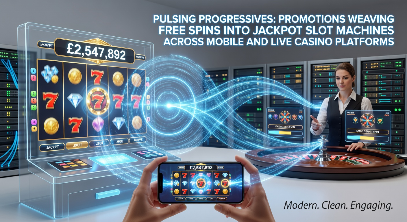 Dynamic display of a progressive jackpot slot machine pulsing with colorful free spin promotions on a mobile screen, highlighting networked jackpots and bonus triggers