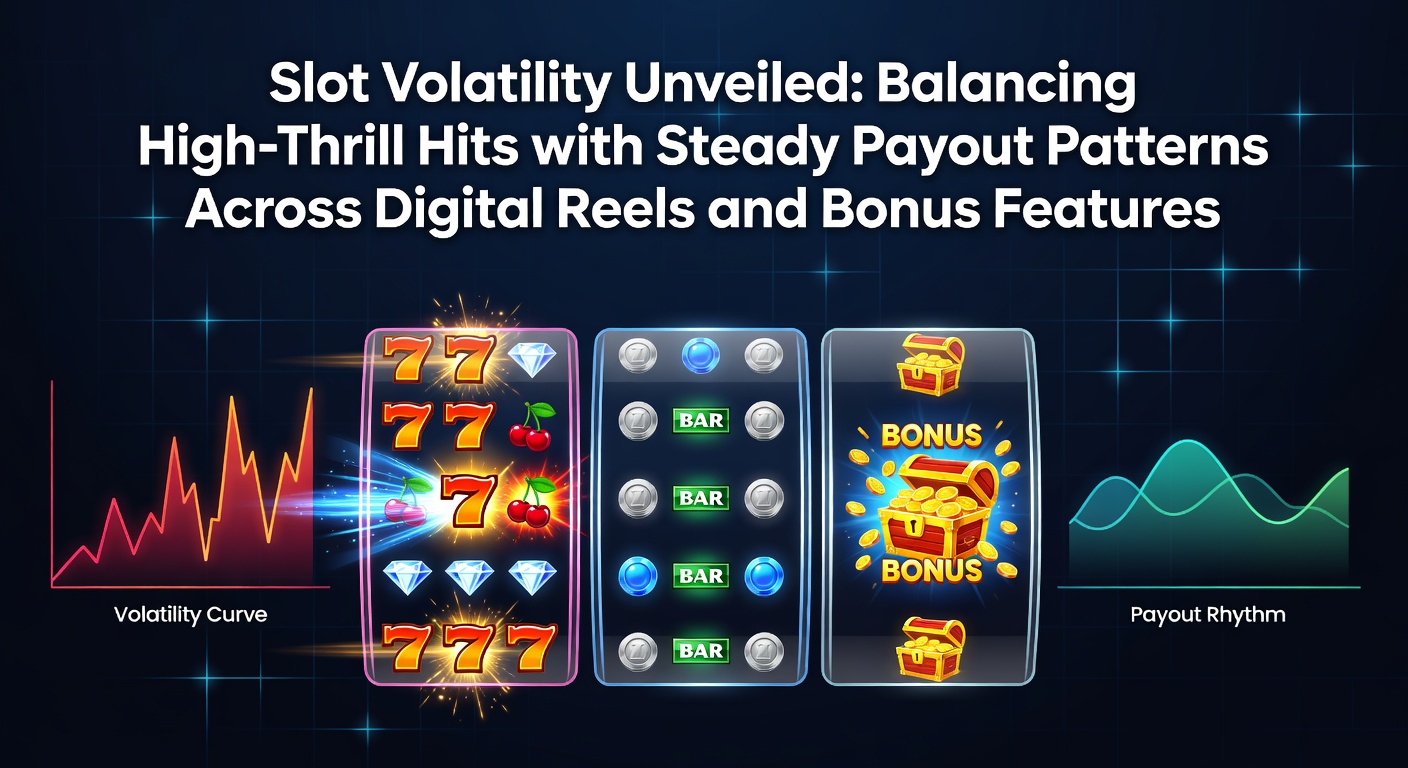 Colorful digital slot reels spinning with high-volatility symbols exploding into big win patterns alongside steady payout streaks