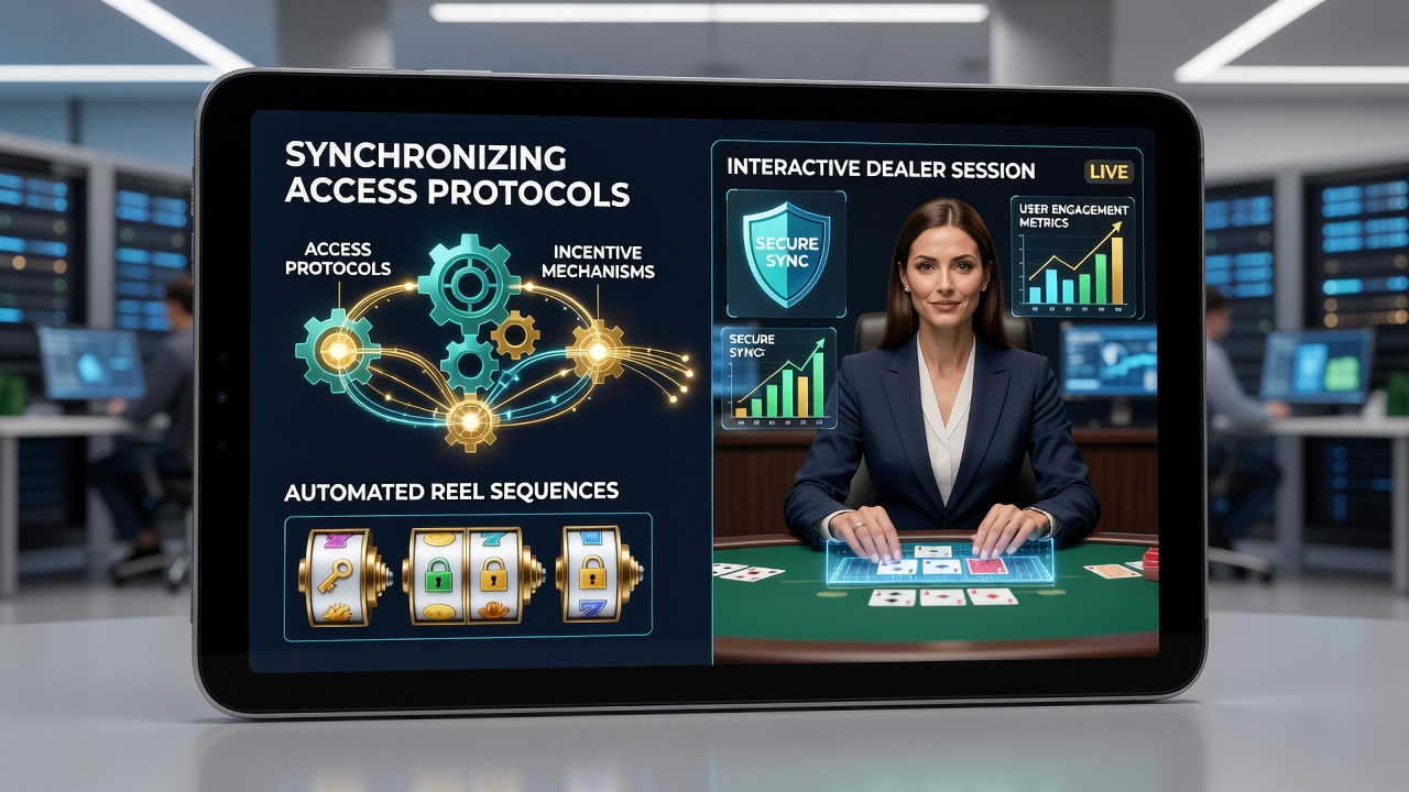 Mobile platform interface showing synchronized slot reels and live dealer table with access and reward overlays