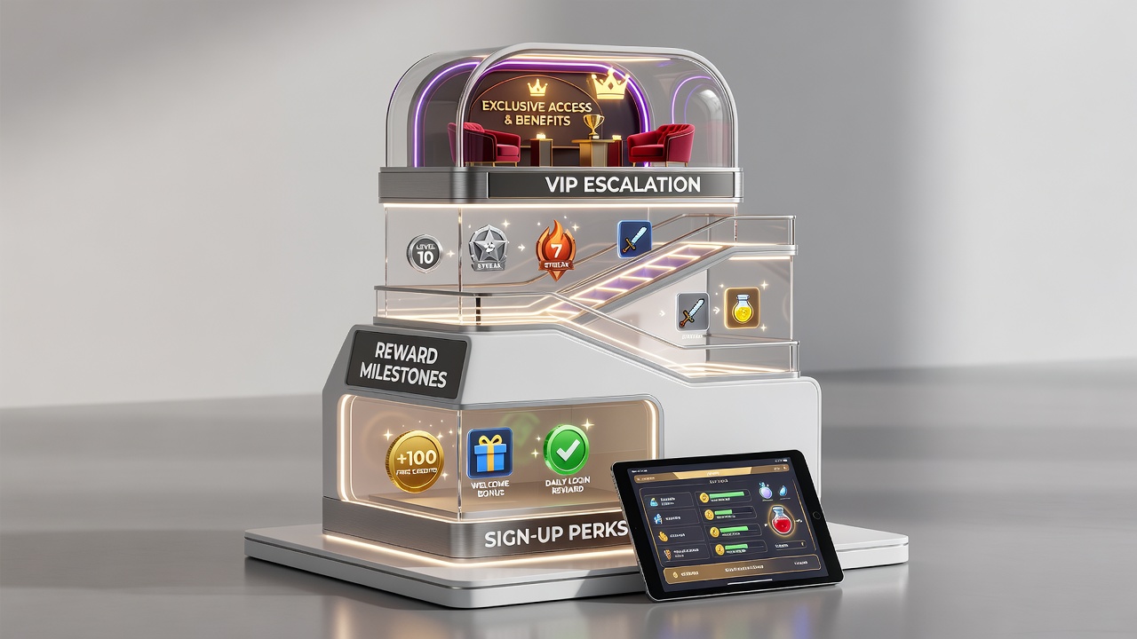 Progression diagram of VIP tiers linking mobile slots and live table rewards