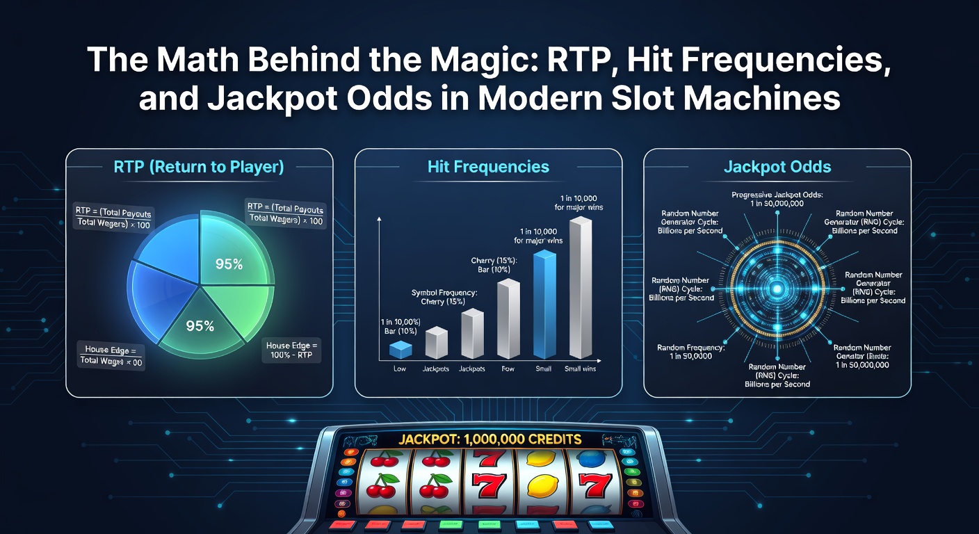 Digital visualization of slot machine reels spinning with mathematical formulas overlayed, highlighting RTP percentages and probability charts