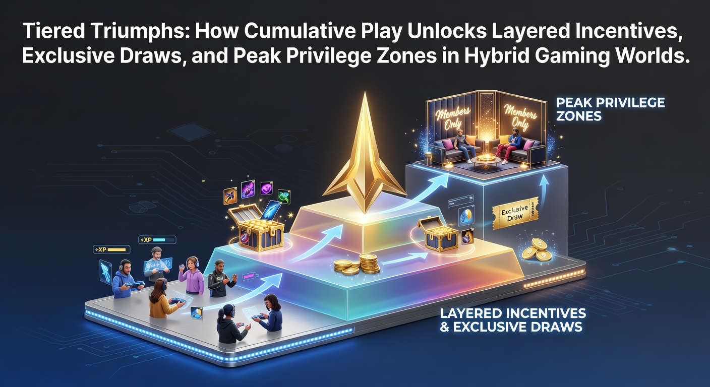 Vibrant digital tiers in a hybrid casino interface showing escalating rewards from cumulative play across slots and live tables