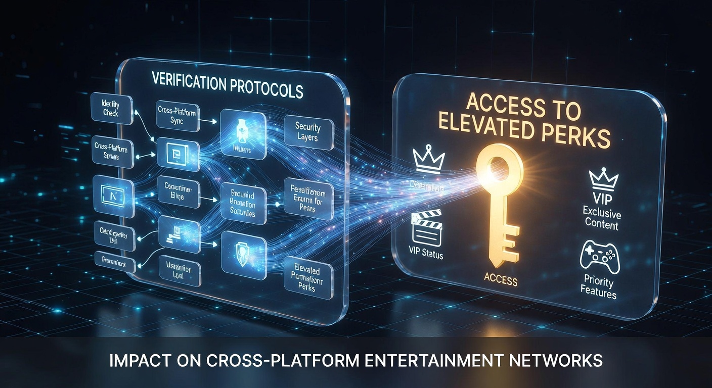 Cross-platform entertainment network interface showing verification checkpoints and perk access tiers